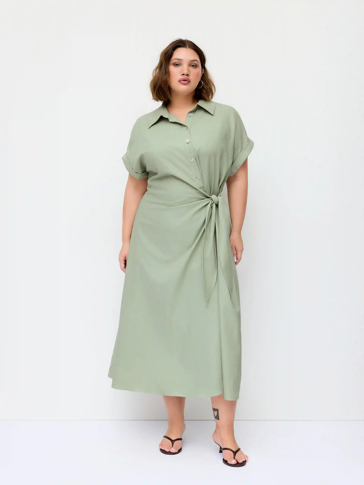 Linen-blend Short Sleeve Twist Knotted Shirt Midi Dress Curve & Plus