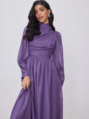 Solid Ruched Puff Sleeve Maxi Dress
