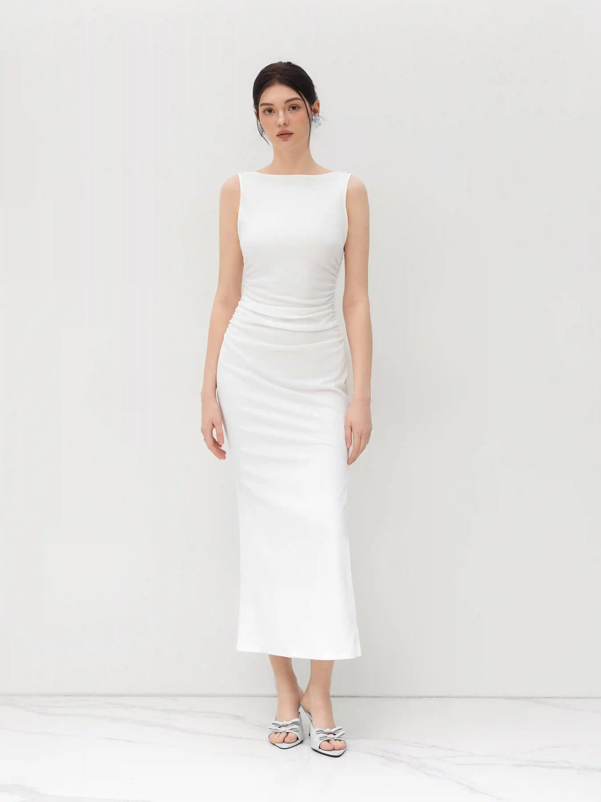 Boat Neck Solid Ruched Split Maxi Dress