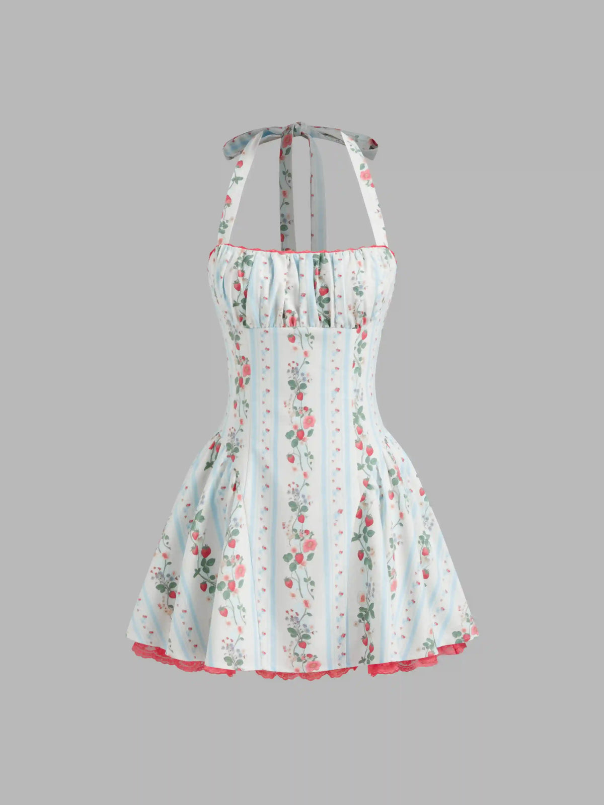 Linen-blend Halter Neckline Strawberry Floral Lace Up Ruffle Mini Dress