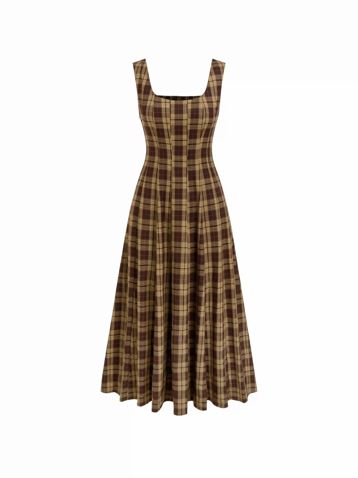 U-neckline Plaid Shirred Pocket Ruffle Midi Dress