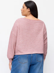Cotton-blend Asymmetrical Neck Striped Oversized Sweatshirt Curve & Plus