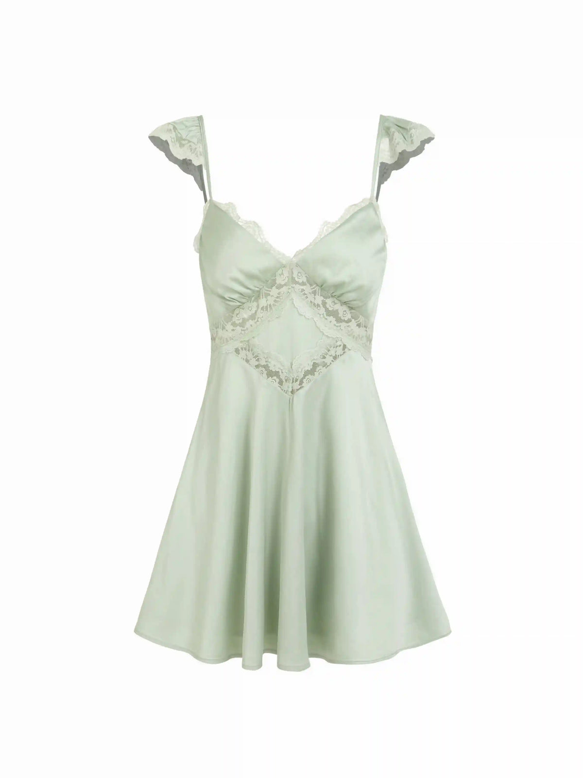 Satin Sweetheart Lace Panel Ruffle High Rise A-line Mini Dress