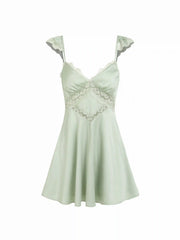 Satin Sweetheart Lace Panel Ruffle High Rise A-line Mini Dress