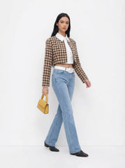 Jacquard Houndstooth Pleated Stand Collar Crop Jacket