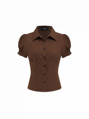 Cotton-blend Collar Puff Sleeve Ruched Blouse