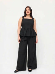 Linen-blend Square Neck Ruffle Hem Tank Top & Wide Leg Trousers Set Curve & Plus