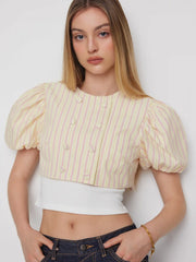 Cotton-blend Striped Puff Sleeve Crop Blouse