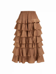 Mid Rise Elastic Waist Ruffled Layered Maxi Skirt