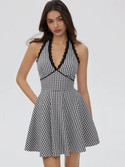 Halter Neckline Checks Lace Trim Tie Back Mini Dress