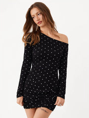 Cotton Polka Dot Asymmetrical Neck Ruched Mini Dress