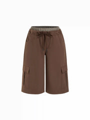 Cotton-blend High Rise Patchy Bermuda Drawstring Cargo Shorts