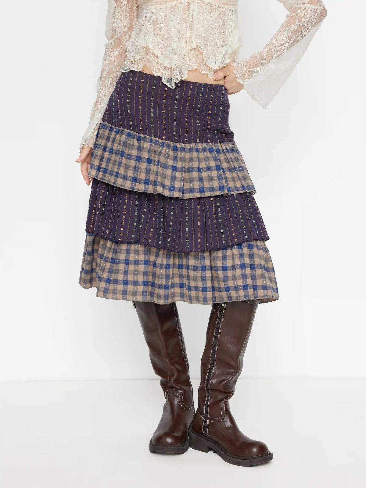 Cotton Mid Rise Check & Floral Two Tone Layered Midi Skirt