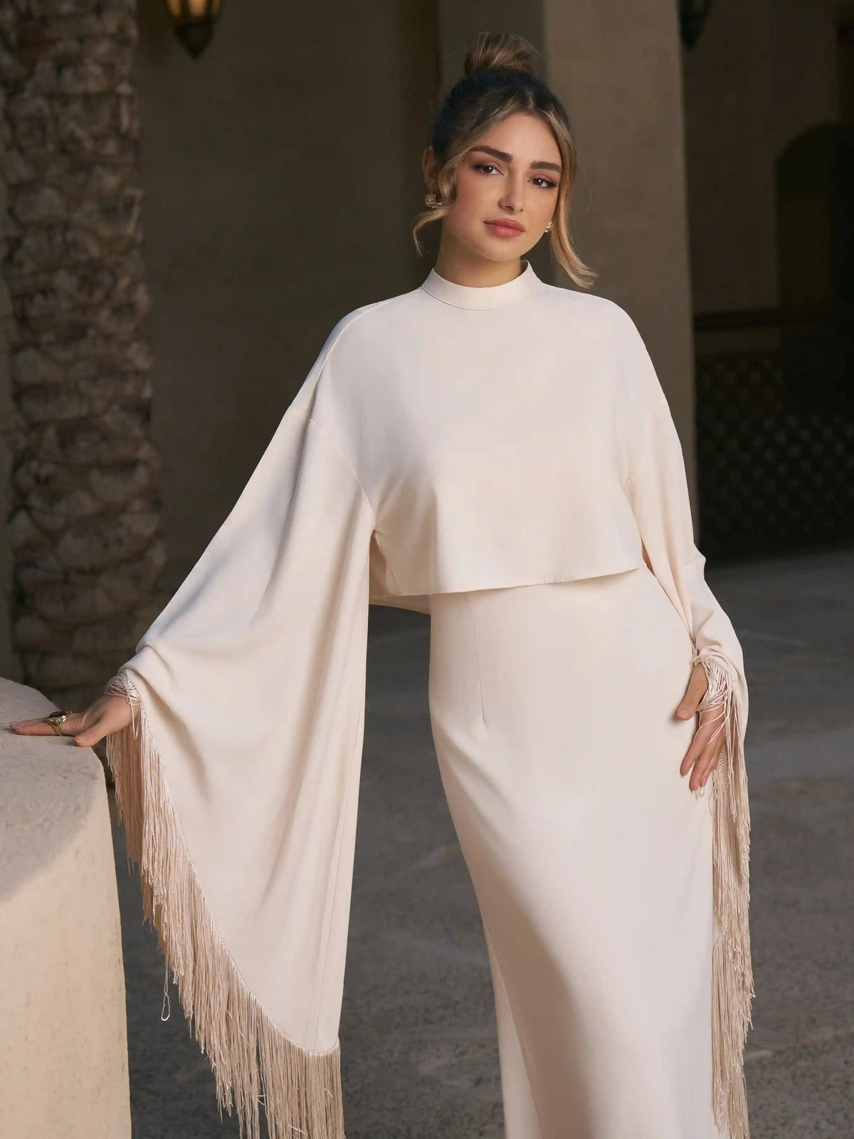 High Neck Bell Sleeve Fringed cape overlay & Midi Dress Set