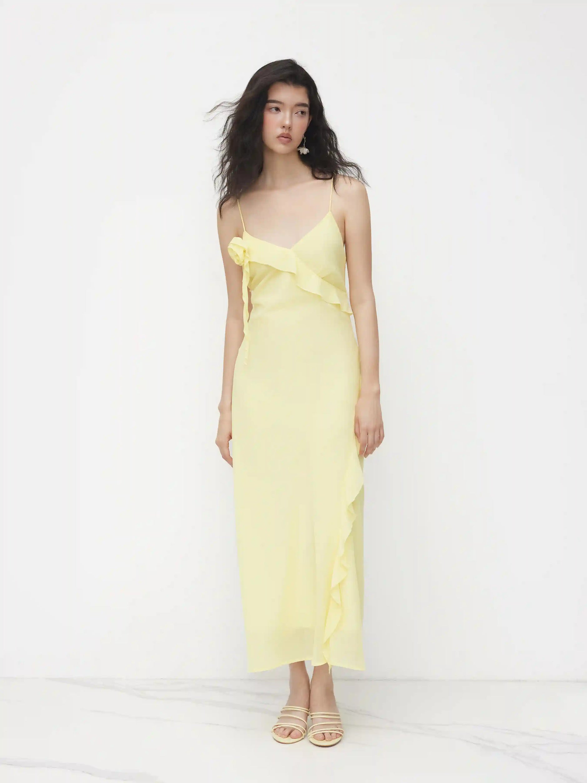 Rosette Ruffle Hem V-neck Backless Maxi Dress