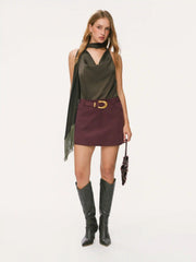 Suede Mid Rise Metal Detail A-line Mini Skirt With Belt