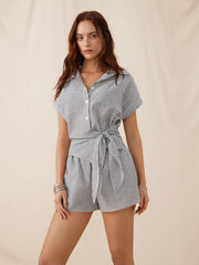 Linen-blend Striped Collar Twist Knot Mid Rise Romper