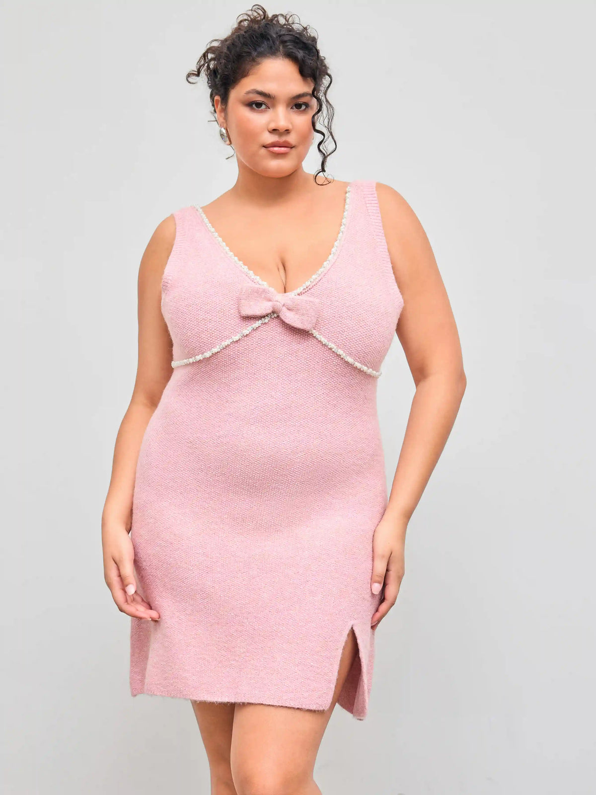 Knit V-neck Bowknot Split Mini Dress Curve & Plus