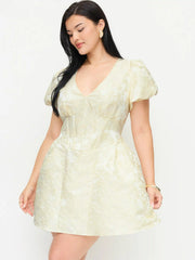 Jacquard V-neck Puff Sleeve Corset A-line Mini Dress Curve & Plus