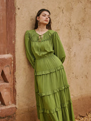Round Neckline Puff Sleeve Ruffled Tiered Maxi Dress