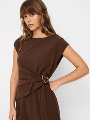 Boat Neck Ruched Metal Detail Wide Leg Jumpsuit