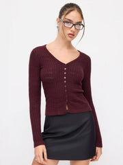Knit Textured V-neck Long Sleeve Button Cardigan