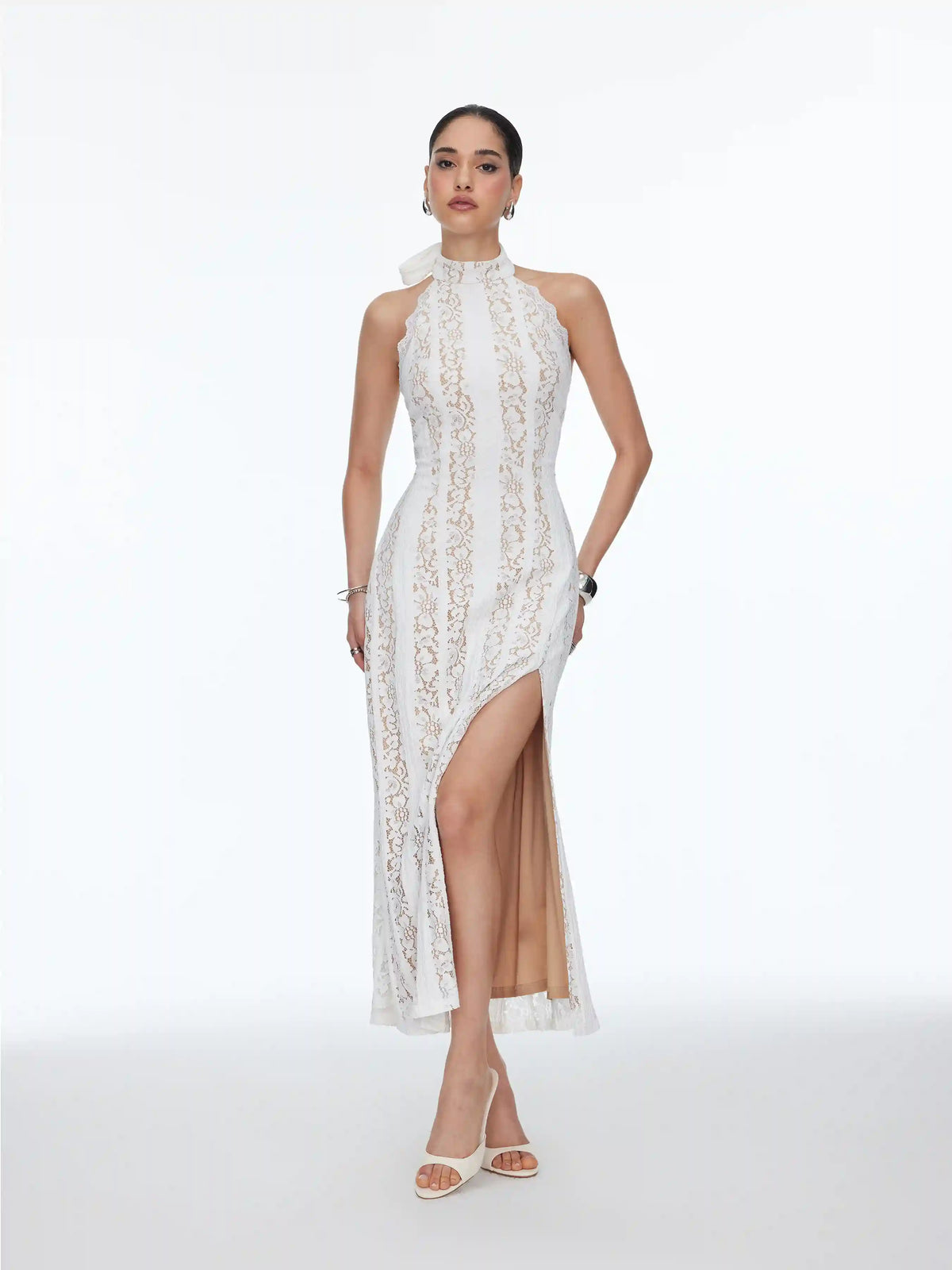 Lace Stand Collar Scarf Neck Split Backless Maxi Dress