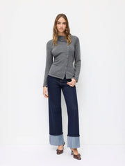 Wool-blend Knit Asymmetrical Neck Long Sleeve Top