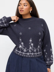 Knit Floral High Neck Lantern Sleeve Crop Top Curve & Plus