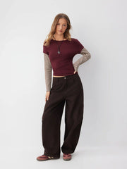 Cotton Striped Round Neckline Colorblock Top