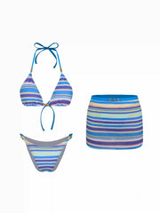 High Stretch Striped Halter Rhinestone Triangle Top & Low Rise Bikini Skirt 3 Piece Bikini Set