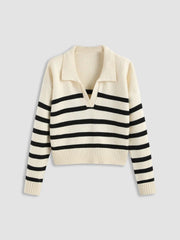 Striped Collar Knit Polo Top