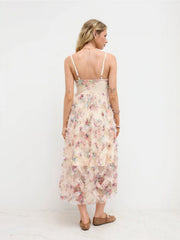 Mesh Square Neck Floral Lettuce Trim Ruffle Maxi Dress