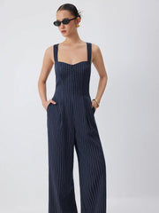 Striped Sweetheart Neck Criss Cross Mid Rise Wide Leg Jumpsuit