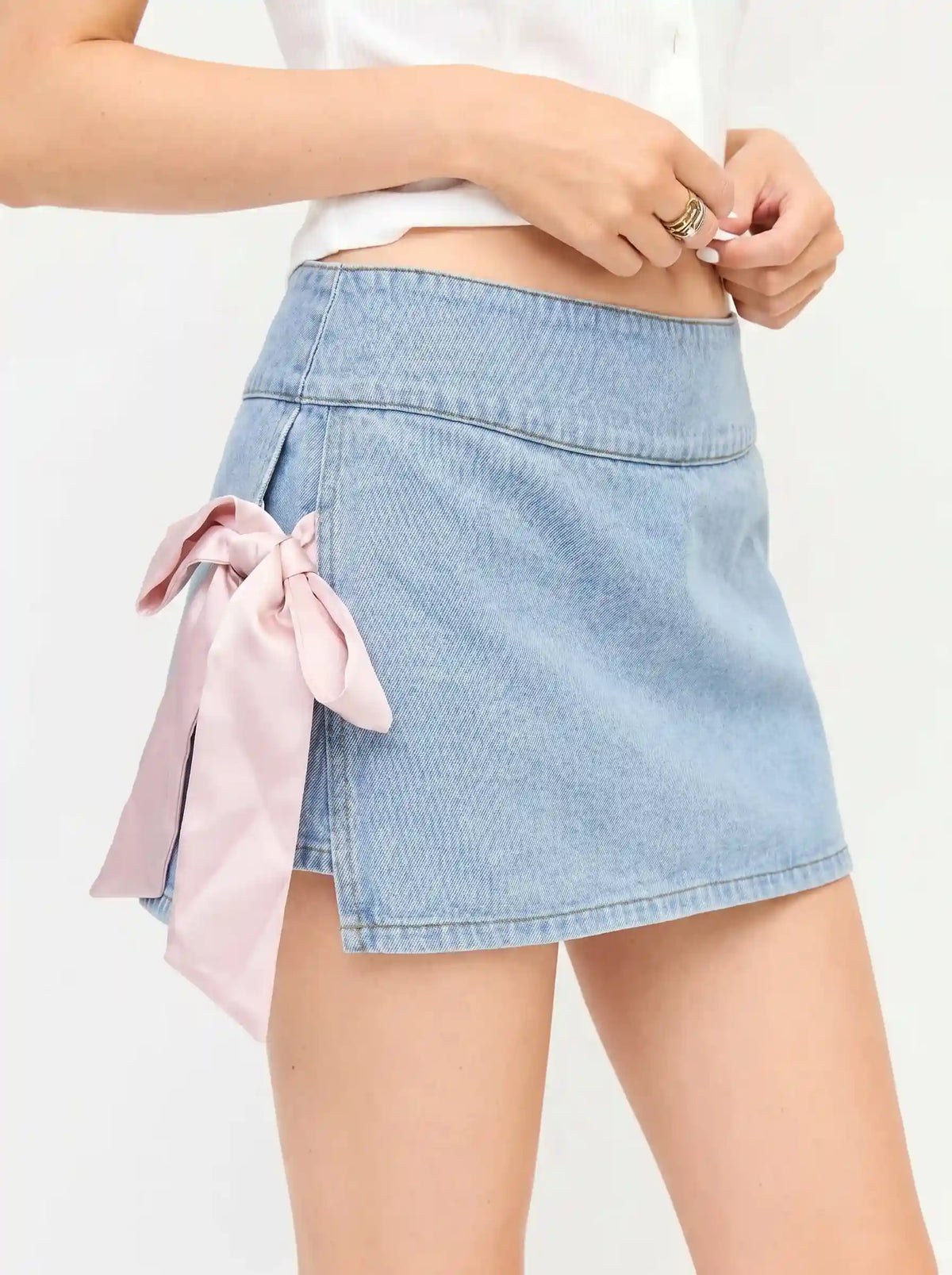 Denim Low Rise Washed Bowknot A-line Micro Mini Skort