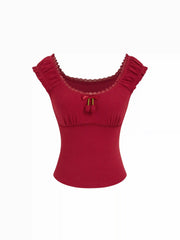 Cotton-blend Ruffled Short Sleeve Cherry Applique Tee