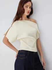 Satin Asymmetrical Neckline Metal Detail Blouse