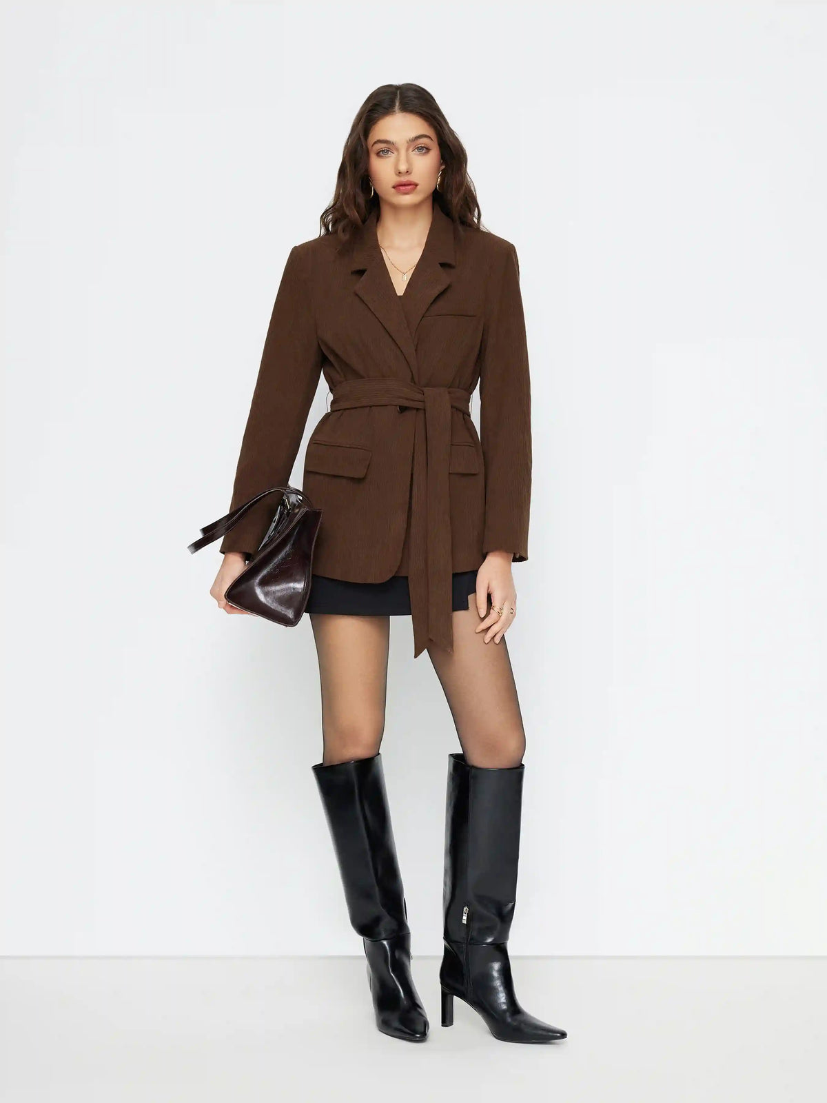 Corduroy Collar Long Sleeve Blazer With Belt