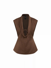 Satin Cowl Neck Tie-Front Sleeveless Blouse