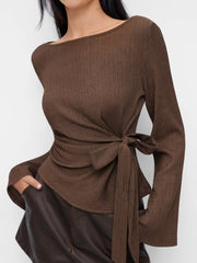 Boat Neck Textured Side Knotted Ruched Long Sleeve Top