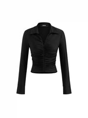 Collar Ruched Zip Through Long Sleeve Top