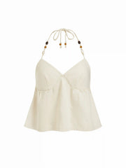Denim Halter Neckline Beaded Twist Knotted Oversized Cami Top
