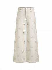 Washed Denim Low Rise Floral Embroidery Wide Leg Jeans