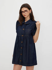 Denim Peter Pan Collar Button Puff Sleeve Mini Babydoll Dress