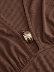 V-neck Metal Detail Long Sleeve Ruched Lettuce Trim Top