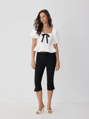 Jacquard Square Neck Puff Sleeve Bowknot Ruffled Hem Blouse