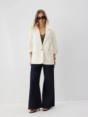 Cream Notched Collar Middle Sleeve Blazer