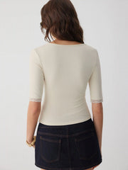 V-neck Middle Sleeve Lace Trim Tie Front Top