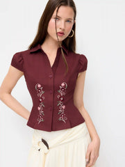 Cotton Floral Embroidery Puff Sleeve Blouse