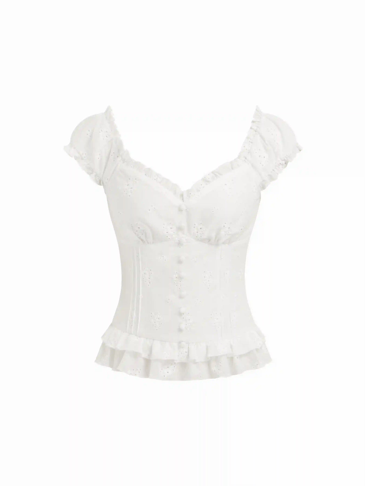 Cotton Embroidery Floral Ruffle Hem Button Blouse